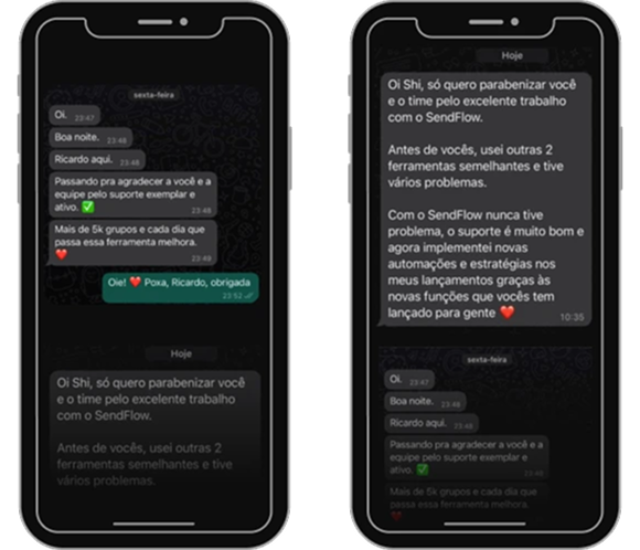 Mensagens de clientes elogiando o suporte do SendFlow